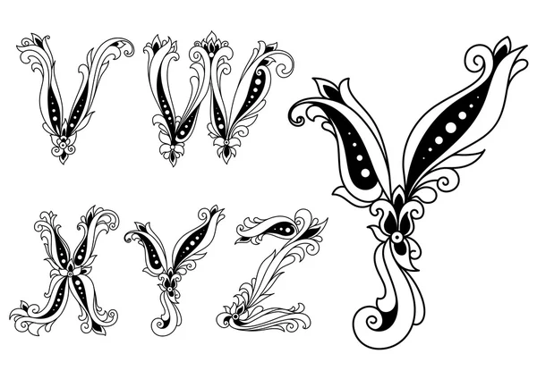 Lettres capitales florales noir et blanc — Image vectorielle