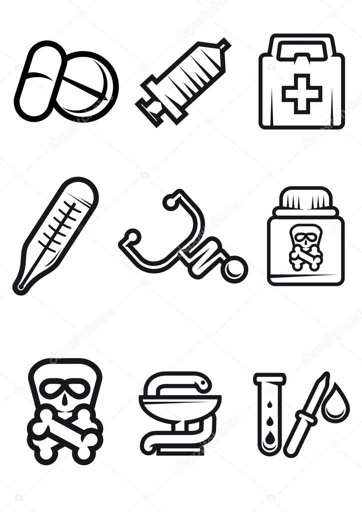 Outline vector medical icons in black and white with tablets, syringe, first aid kit, thermometer, stethoscope, poison, caduceus and test tube