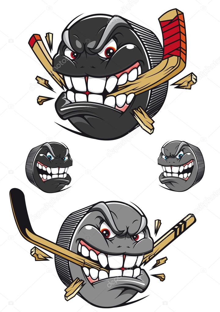 Angry evil hockey puck chomping an ice hockey stick with a toothy leer, two color variants and two with faces and no stick