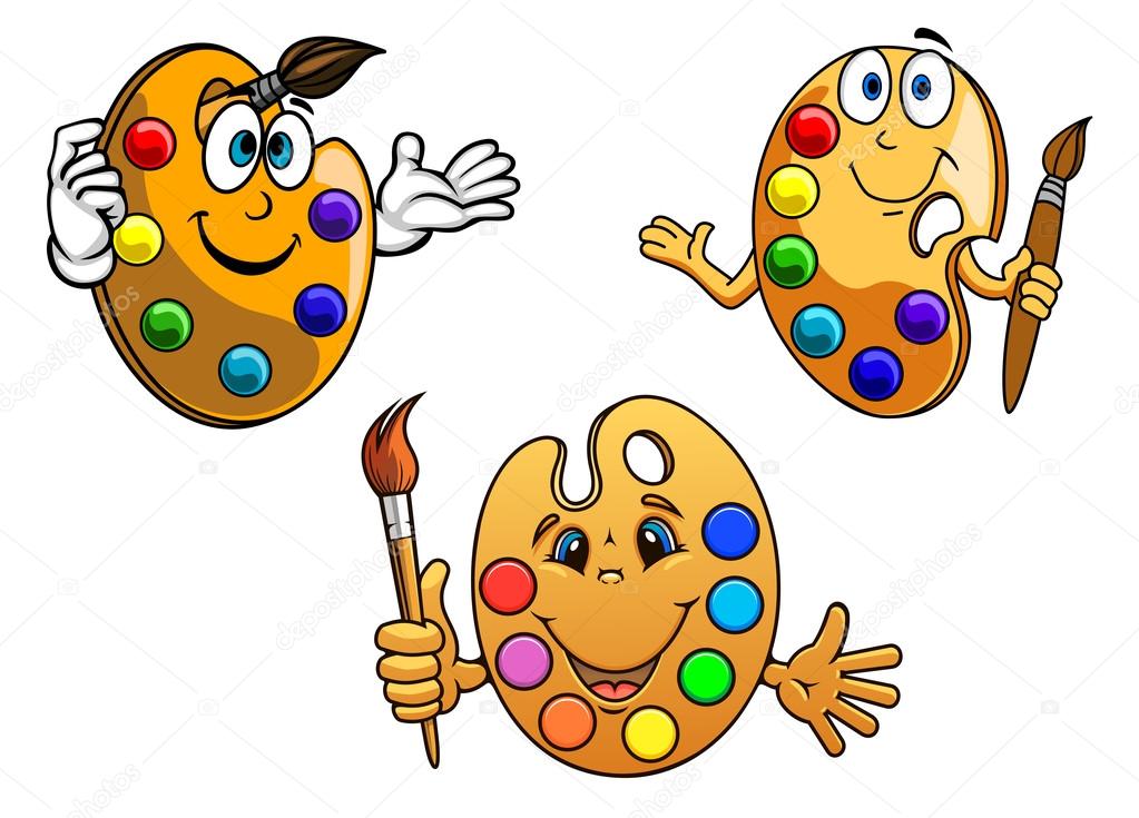 Dibujos animados artistas felices paletas con pintura Vector de