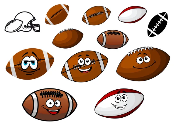 Bolas de futebol de desenhos animados e personagens de bolas de rugby —  Vetores de Stock