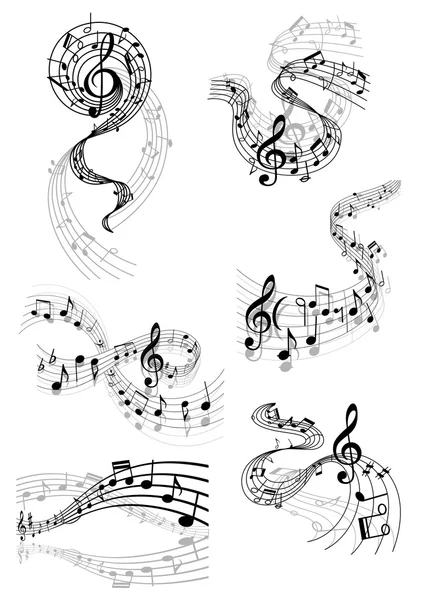 Ondas musicales con notas musicales — Vector de stock