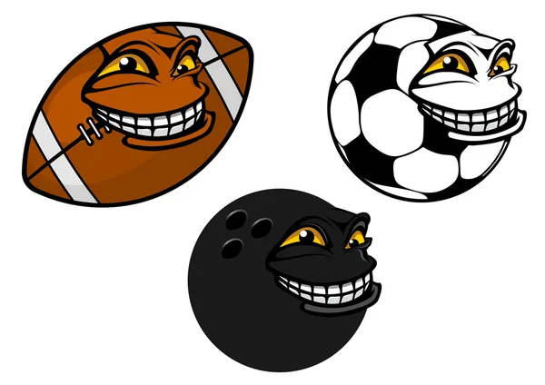 Grinning futebol dos desenhos animados, futebol e boliche bola —  Vetores de Stock
