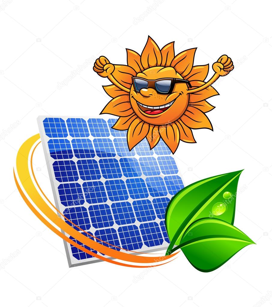 Trendy sun with a solar photovoltaic panel