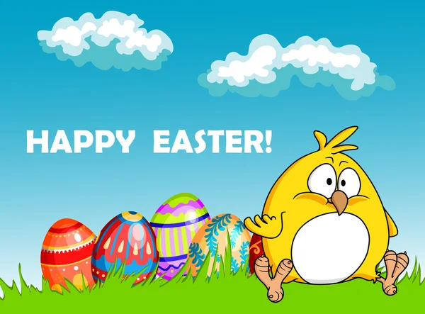 Buona Pasqua biglietto di auguri con uova e un pulcino — Vettoriale Stock