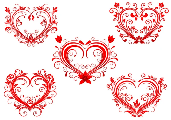 Elegant floral red valentine hearts set — Stock Vector