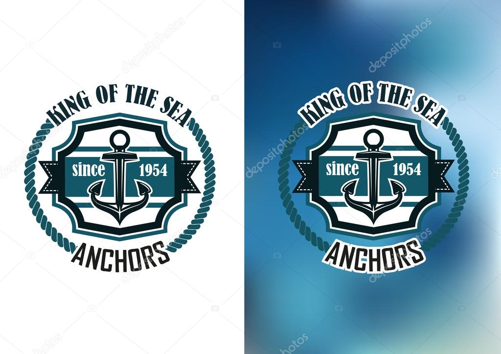 King of the sea anchors emblem or badge with a ships anchor in an ornate cartouche in a circular rope frame for marine heraldry design