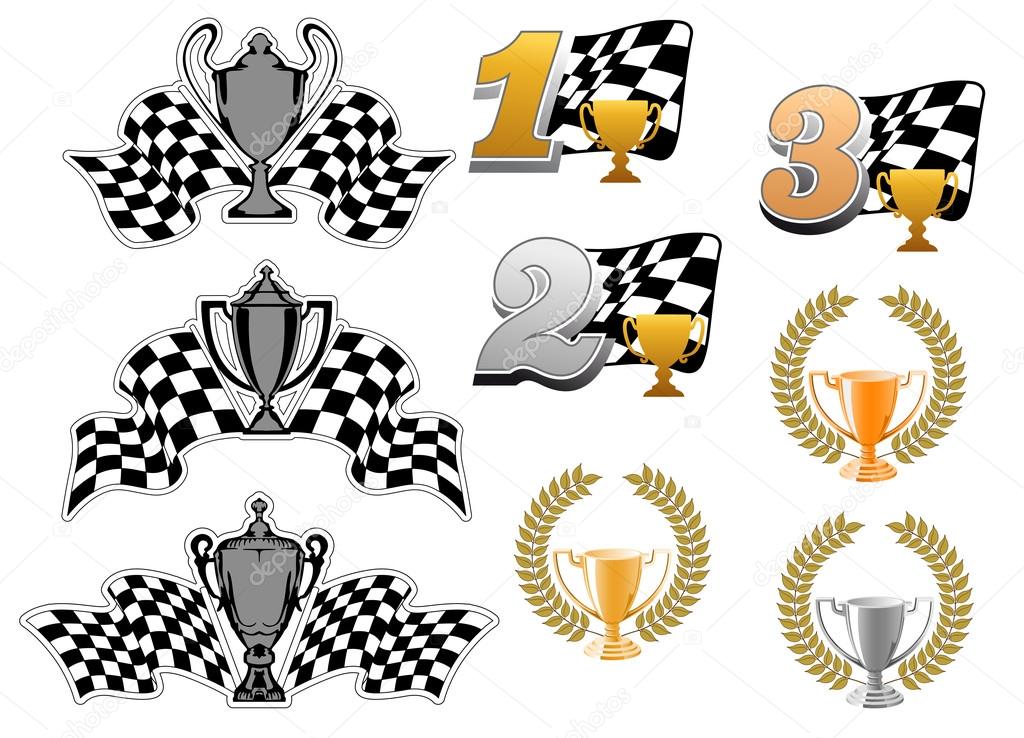 Set of motor sport and racing  icons with 1st, 2nd and 3rd places, trophies, wreaths and checkered flags for championship awards