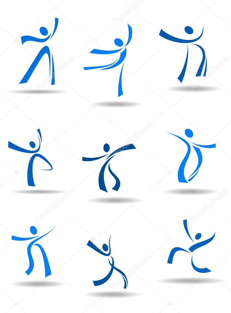 Dancing people stylized icons in freestyle flowing form depicting motion and poses in blue with shadows below for logo or symbol design