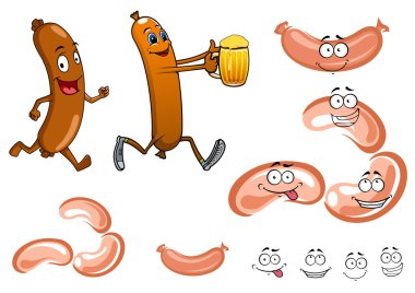 Cartoon sausages characters with beer clipart