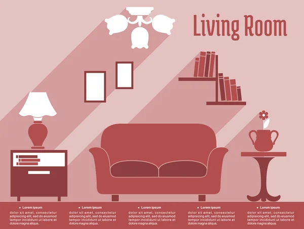 Soggiorno interno infografica piatta con layout di testo — Vettoriale Stock