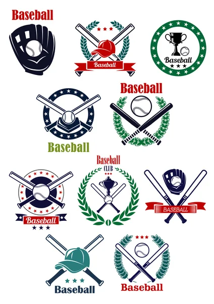 Baseball club and game emblems with equipment — Stock Vector