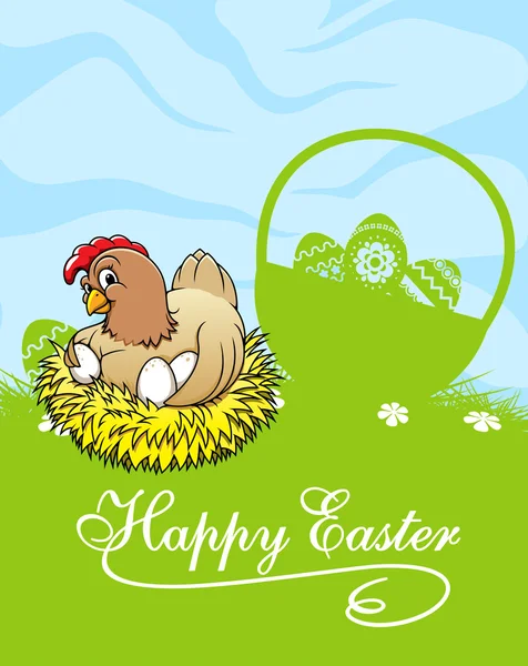 Happy easter card with hen and basket with easter eggs — Stock Vector