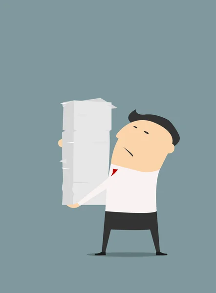 Cartooned businessman with stack of papers - Stok Vektor