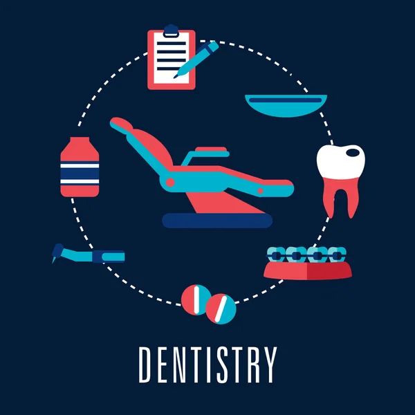 Concepto de odontología con silla dental e iconos médicos — Vector de stock