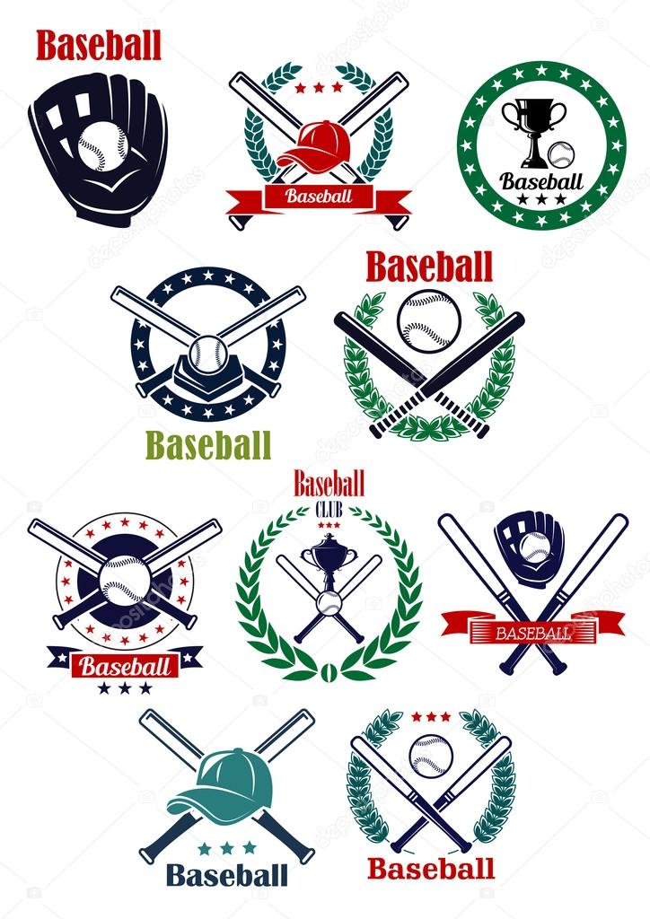 Baseball club and game emblems with equipment