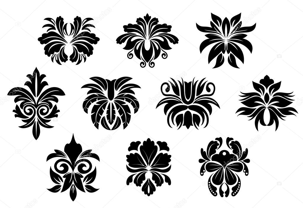 Vintage black floral design elements in damask style