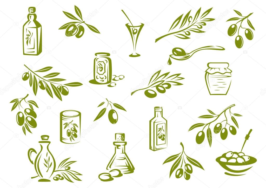Green olive design elements showing olive oil in glass bottles, pickled olives in jars and branches with pointed leaves and olives