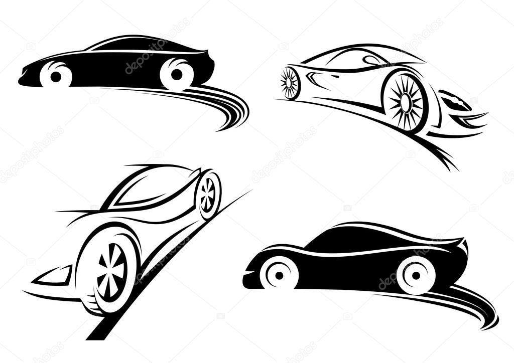 Black silhouettes of sports speed racing car in sketch style isolated on white background for racing design