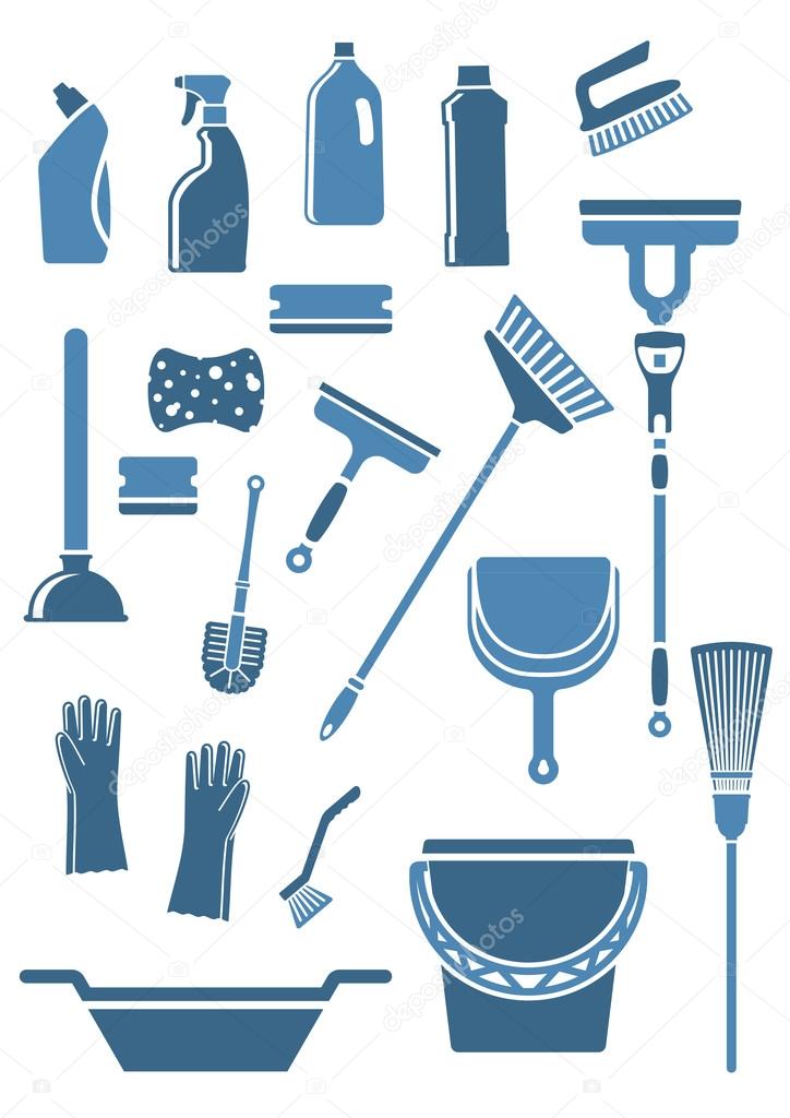 Domestic tools and supplies for cleaning including mop, broom, bucket, brushes, gloves, sponges, dustpan, plunger, squeegee and detergent bottles in blue colors