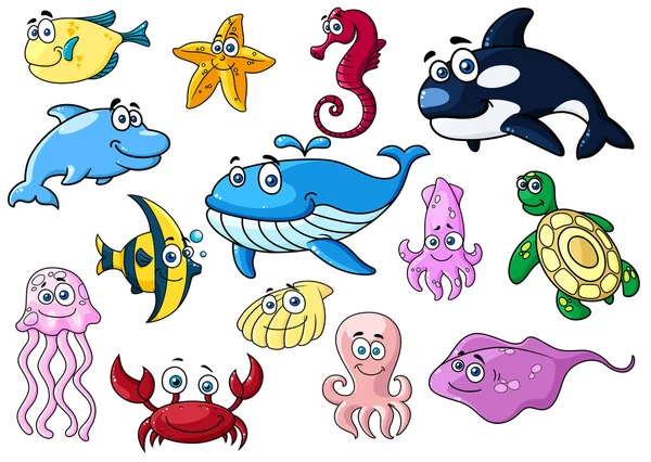 Dibujos animados animales marinos con emociones felices — Vector de stock