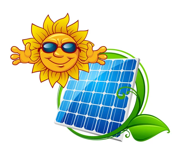 Panel solar con sol sonriente — Vector de stock