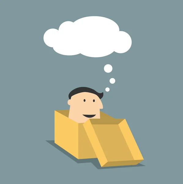 Uomo del fumetto in una scatola con nuvola di pensiero — Vettoriale Stock