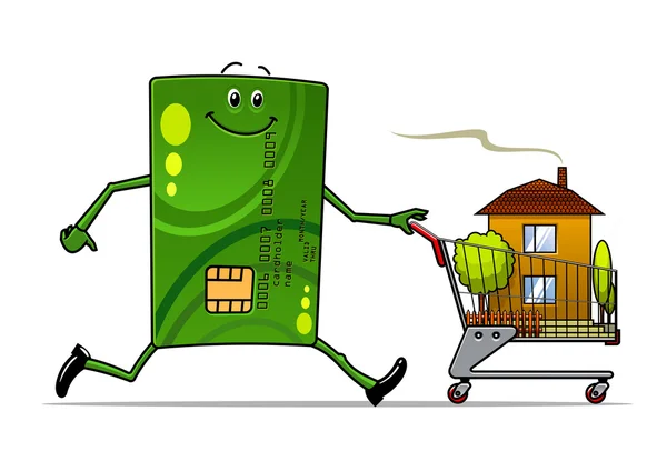 Cartone animato carta di credito spingendo un carrello con casa — Vettoriale Stock
