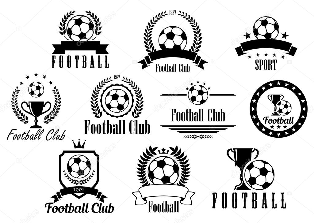 Creative football or soccer black and white emblems, icons, symbols and logos with ball, trophy, cup, wreath, ribbon, banner