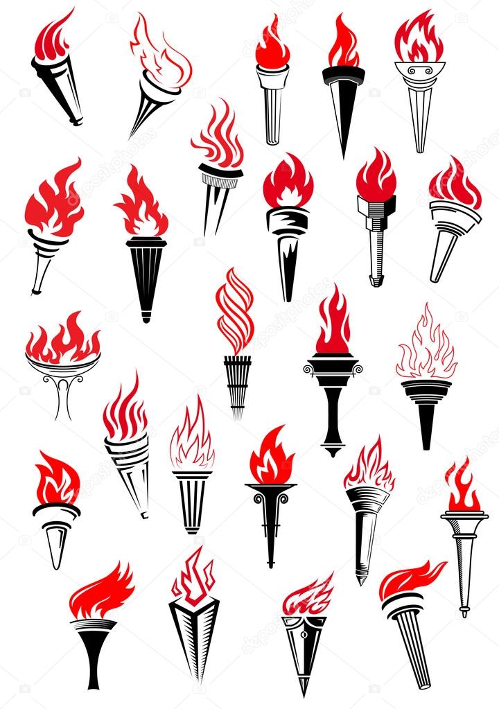 Flaming torches in vintage style for peace, sport, heraldic and history design