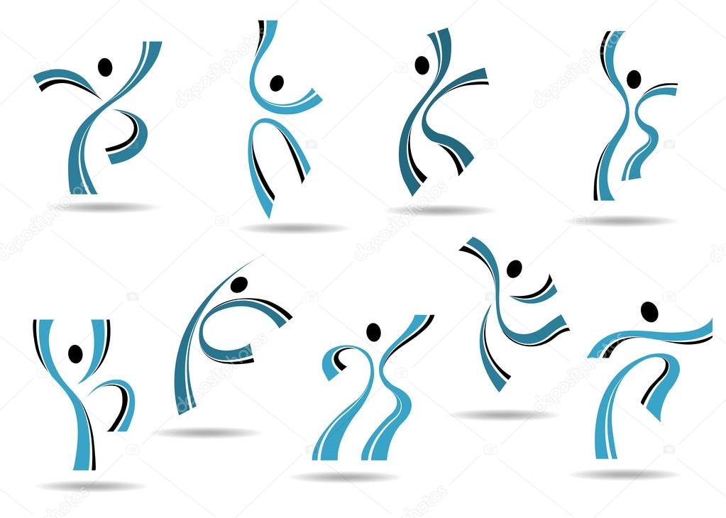 Set of stylized blue icons of dancing people