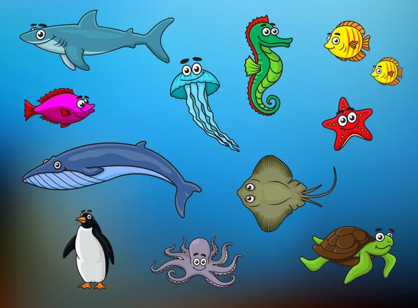 Cartoon gelukkig lachend zee dieren tekens — Stockvector