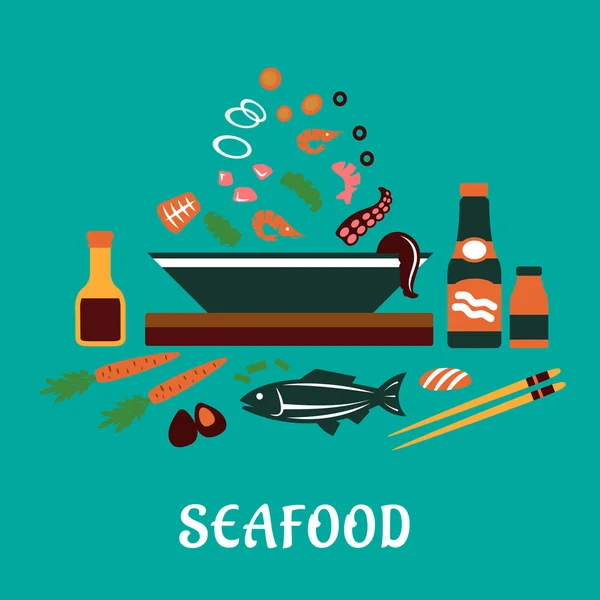 Концепція страви з плоских морепродуктів з інгредієнтами салату — стоковий вектор