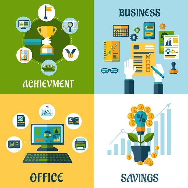 Platte concept van business, office, prestatie, besparingen — Stockvector