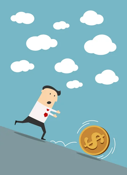 Businessman chasing dollar coin in cartoon style — Stock Vector