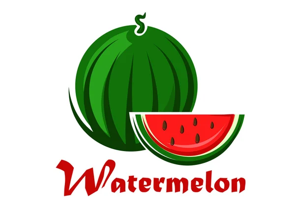 Cartoon striped green watermelon with slice — Stock Vector
