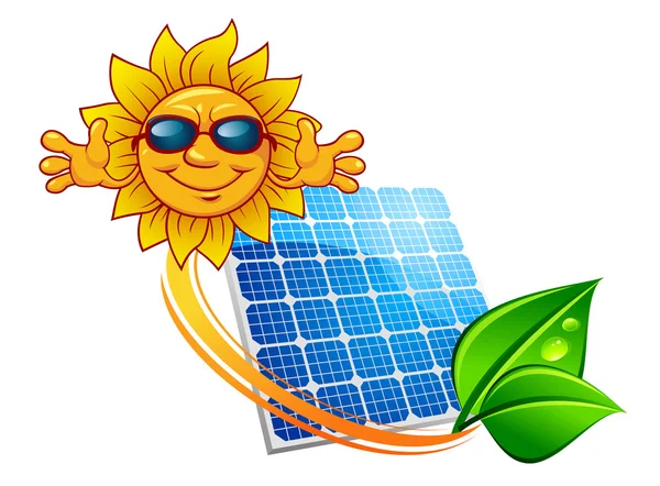 Solar panel and cartoon sun character — Stock Vector