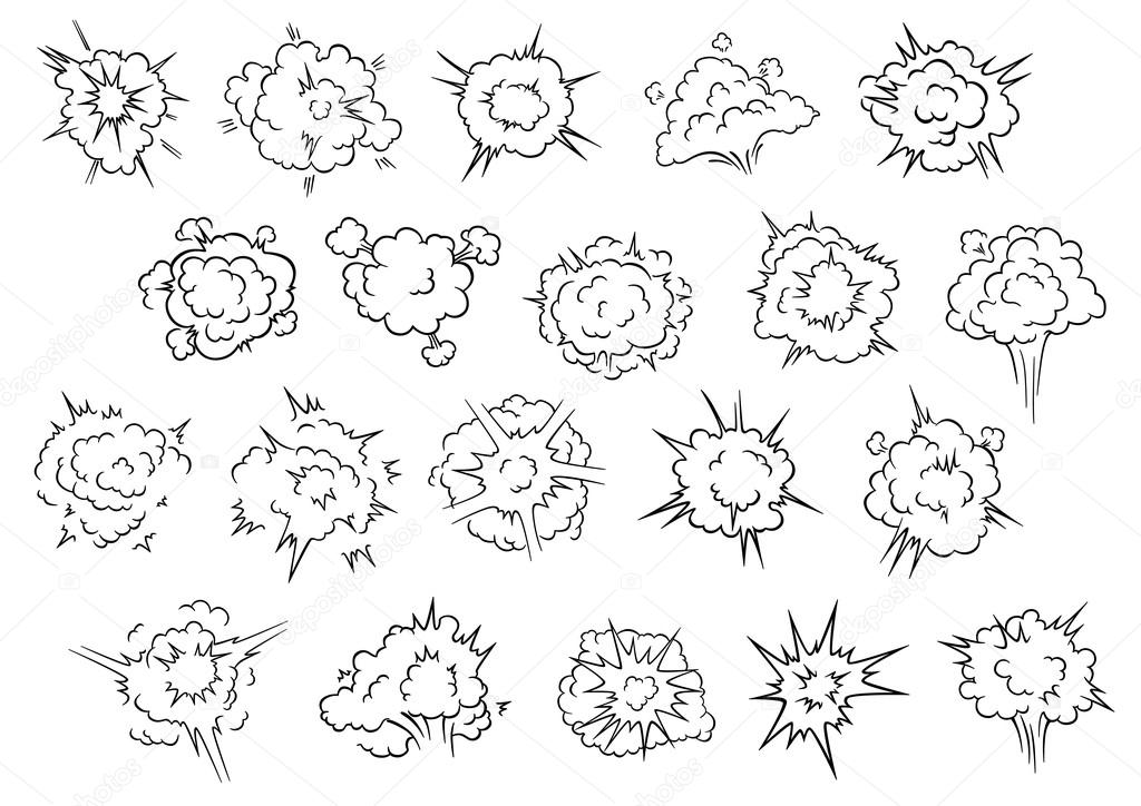 Comic book explosion elements consist of dust clouds and blast power trails in cartoon style isolated on white background
