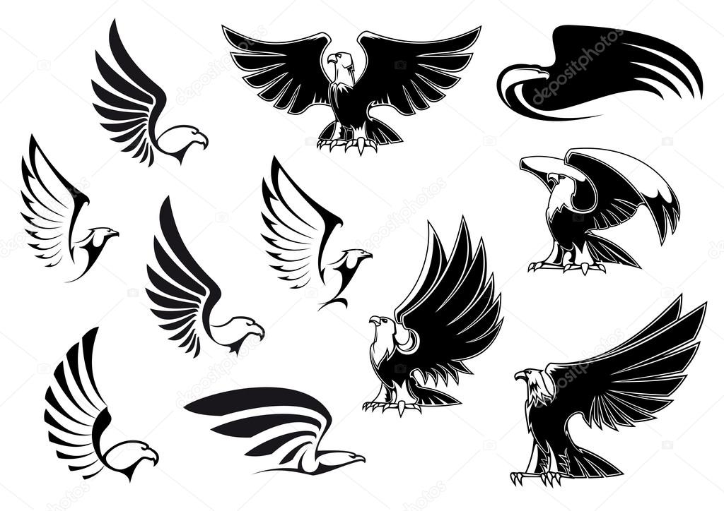 Eagle silhouettes showing flying and standing birds with outstretched wings in outline sketch style for logo, tattoo or heraldic design