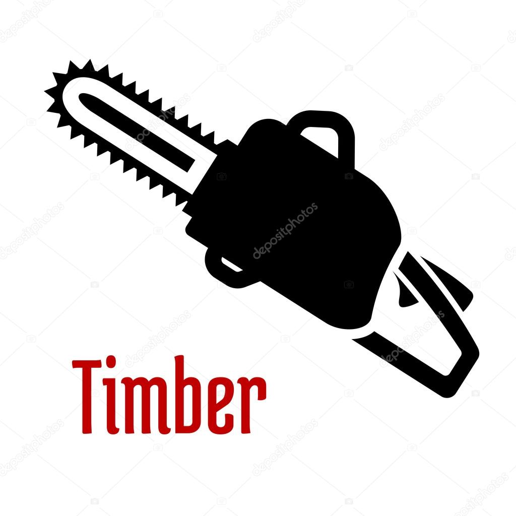 Black petrol chainsaw with red caption Timber isolated on white background as logo or emblem idea for timber industry