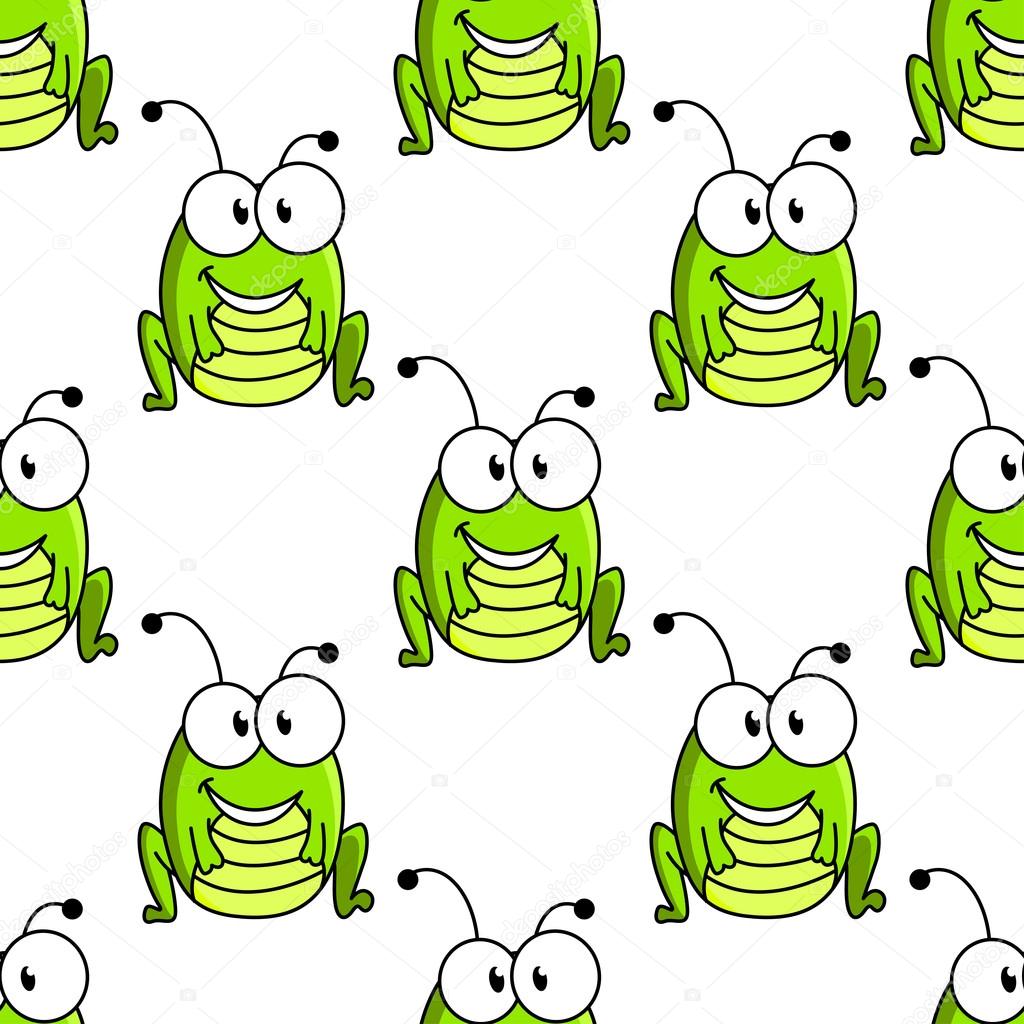 Cartoon green grasshopper character seamless pattern