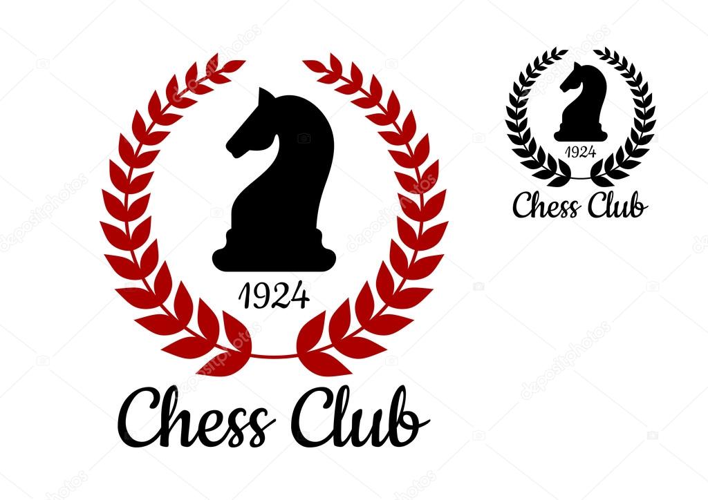 Chess club logo or emblem with black silhouette of horse figure bordered laurel wreath with date of foundation in two colors variations