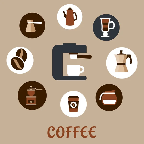 Iconos de café plano alrededor de la máquina de café — Vector de stock