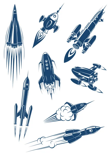 Navi spaziali e razzi dei cartoni animati nello spazio — Vettoriale Stock