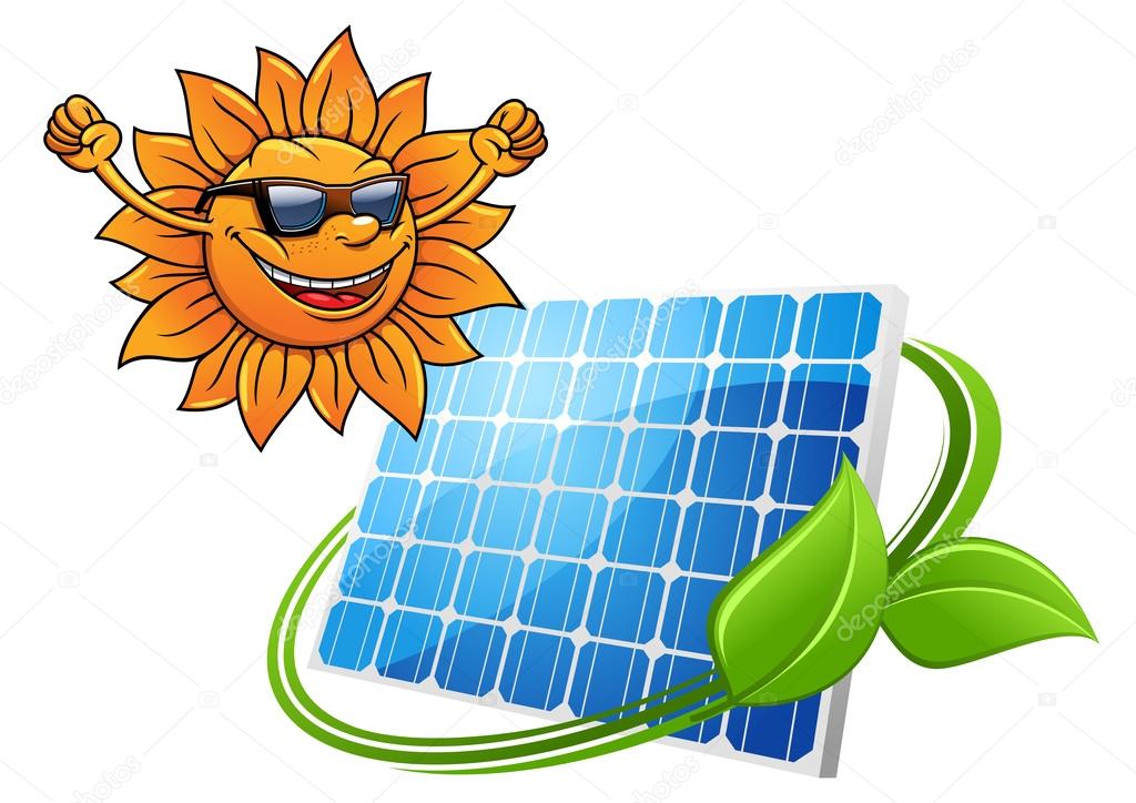 Happy cartoon sun with solar panel