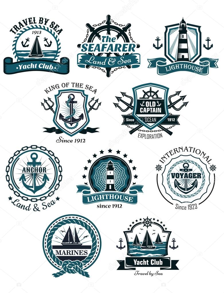 Marine emblems and banners with helm, rope, yacht, lighthouse, trident, anchor and ships