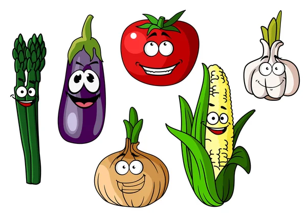 Coloridas verduras de dibujos animados con caras felices — Vector de stock