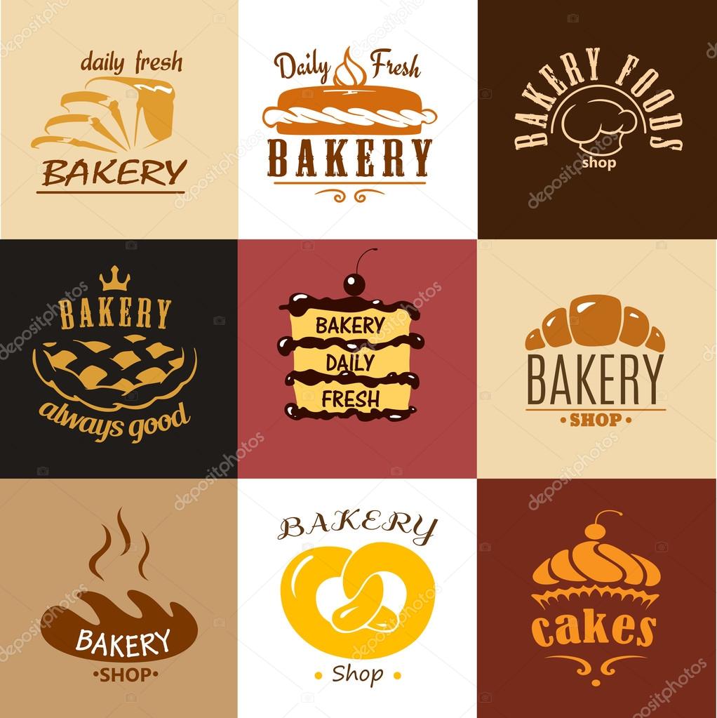 Creative bakery logos and banners with cakes, chef toque, croissant, pretzel, bread cupcakes and pies