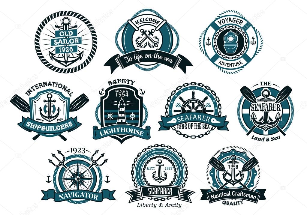 Creative seafarers or nautical logos and banners with rope, anchor, trident, helm, chains, life buoy and oar