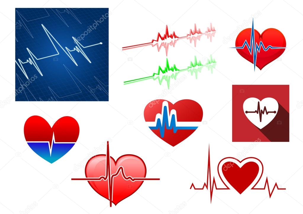 Red hearts with beat frequency icons and cardiology monitor for medical concept design